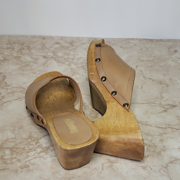 BONGO Retro Beige Leather Wood Platsform Women’s Mules Size 8 - Picture 6 of 7